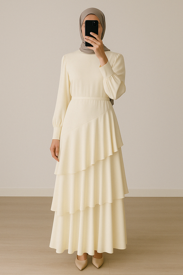 Seville Dress | Satin Layered Modest Gown for Elegant Evenings