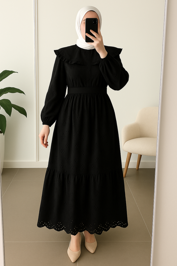 Elvan Dress | Cape-Style Modest Gown with Lace Accents